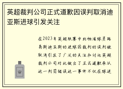 英超裁判公司正式道歉因误判取消迪亚斯进球引发关注